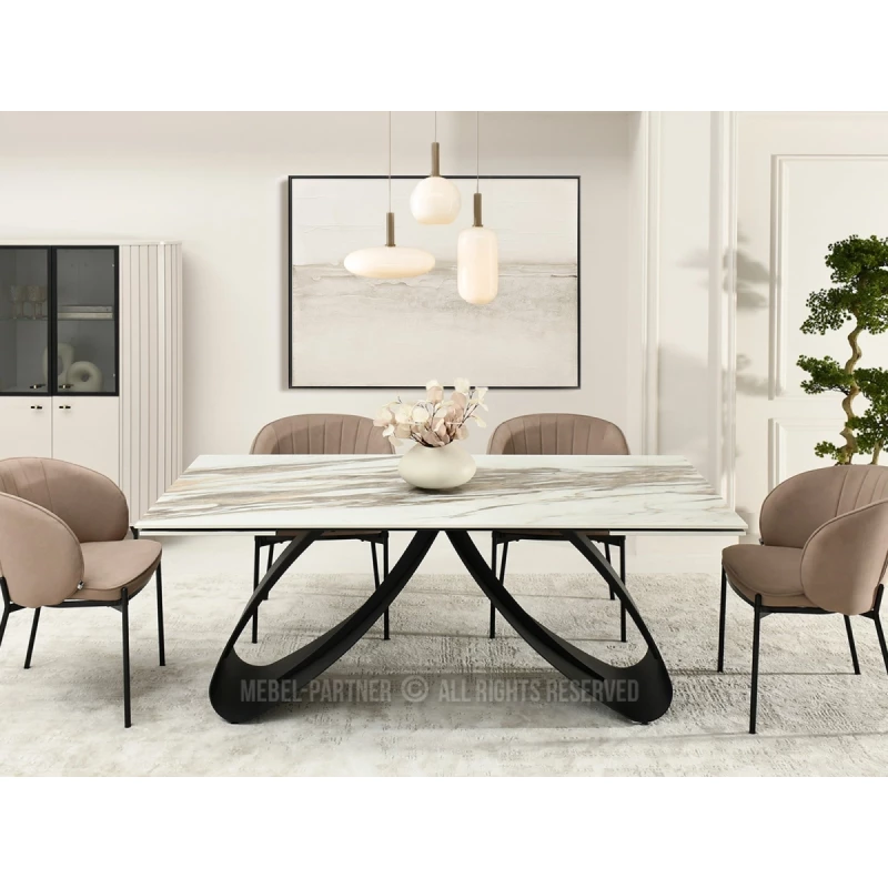 Rozkládací jídelní stůl 180(260)x95 EVONY - béžový mramor / černý