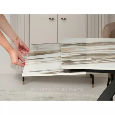 Rozkládací jídelní stůl 180(260)x95 EVONY - béžový mramor / černý