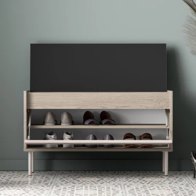 Sedací výklopný botník RENATE - dub cremona / kašmír / béžový