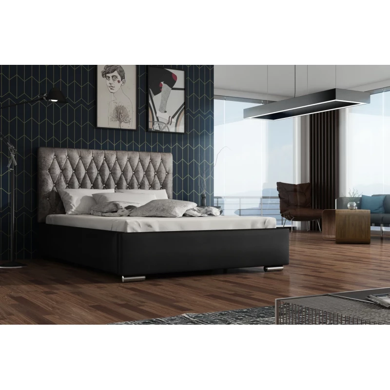 Manželská postel 180x200 SIRENA 1 s prošívaným čelem - černá / stříbrná