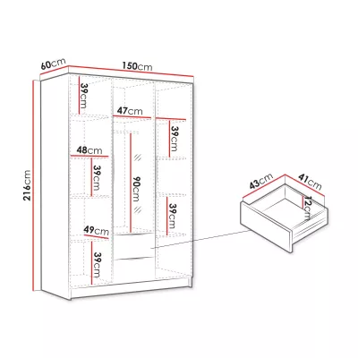 Vysoká šatní skříň 150 cm se zrcadlem MARILA - dub cremona / zlatá