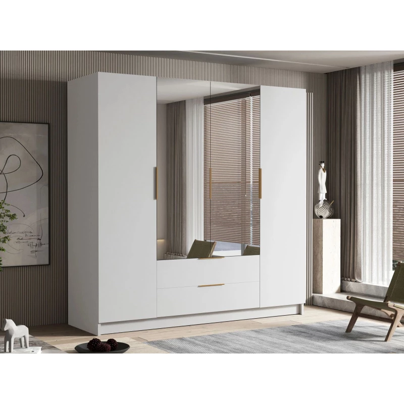 Velká šatní skříň 200 cm se zrcadlem BETILA - kašmír / zlatá