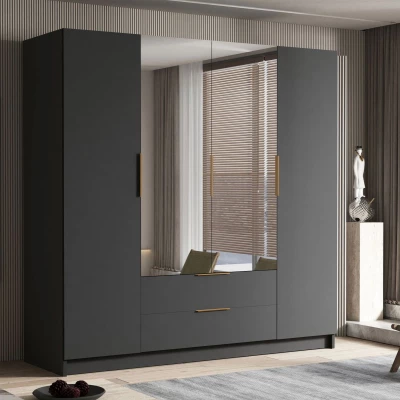 Velká šatní skříň 200 cm se zrcadlem BETILA - černá / zlatá