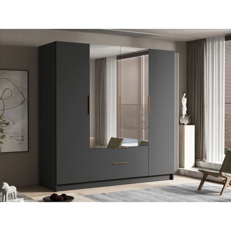 Velká šatní skříň 200 cm se zrcadlem BETILA - černá / zlatá