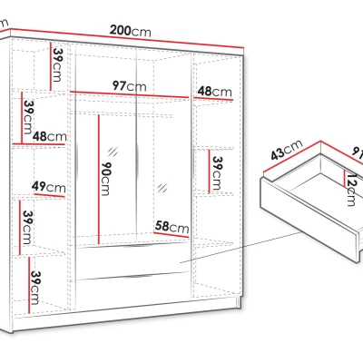 Velká šatní skříň 200 cm se zrcadlem BETILA - kašmír / černá