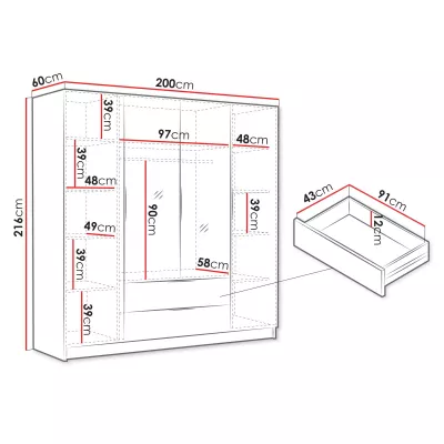 Velká šatní skříň 200 cm se zrcadlem BETILA - dub cremona / zlatá