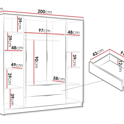 Velká šatní skříň 200 cm BETILA - dub cremona / zlatá