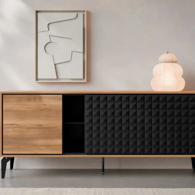 Designová komoda s dvířky KALWI - barokní dub jantarový / černá