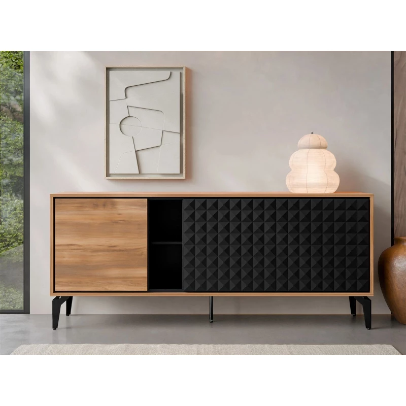 Designová komoda s dvířky KALWI - barokní dub jantarový / černá