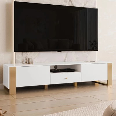 Široký TV stolek LUMOS - zlatý / bílý