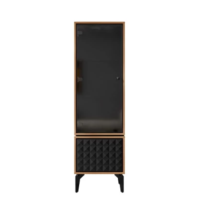 Vysoká prosklená skříňka KALWI - barokní dub jantarový / černá