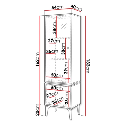 Vysoká prosklená skříňka KALWI - barokní dub jantarový / černá