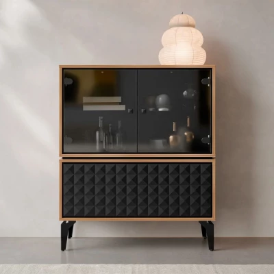 Nízká prosklená skříňka KALWI - barokní dub jantarový / černá