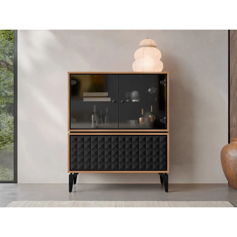 Nízká prosklená skříňka KALWI - barokní dub jantarový / černá