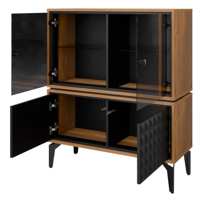 Nízká prosklená skříňka KALWI - barokní dub jantarový / černá