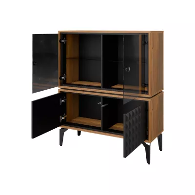 Nízká prosklená skříňka KALWI - barokní dub jantarový / černá