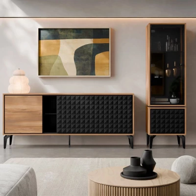 Stěna do obýváku KALWI 1 - barokní dub jantarový / černá