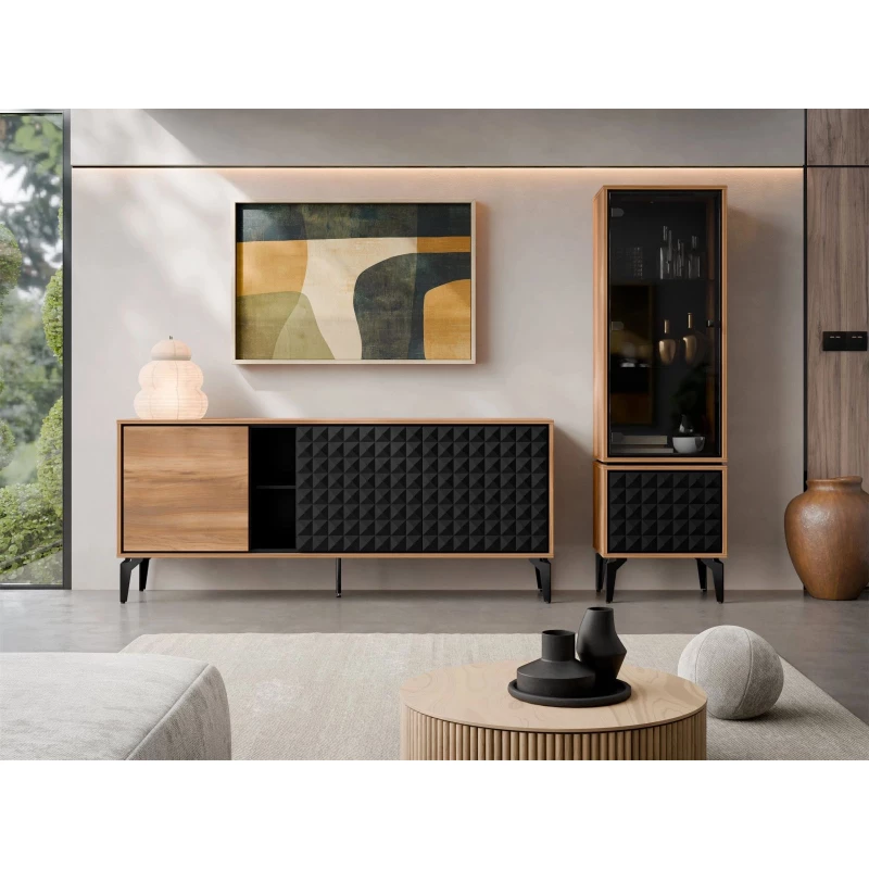 Stěna do obýváku KALWI 1 - barokní dub jantarový / černá