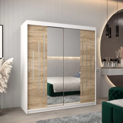 VÝPRODEJ - Šatní skříň se zrcadlem EWELINA - šířka 180 cm, bílá / dub sonoma