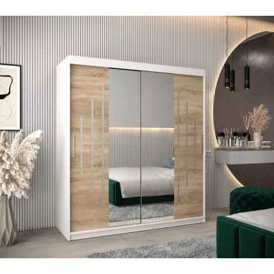 VÝPRODEJ - Šatní skříň se zrcadlem EWELINA - šířka 180 cm, bílá / dub sonoma