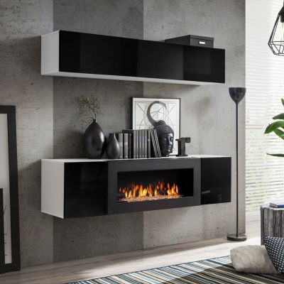 VÝPRODEJ - Obývací stěna s biokrbem FREYA 4 - bílá / černý lesk