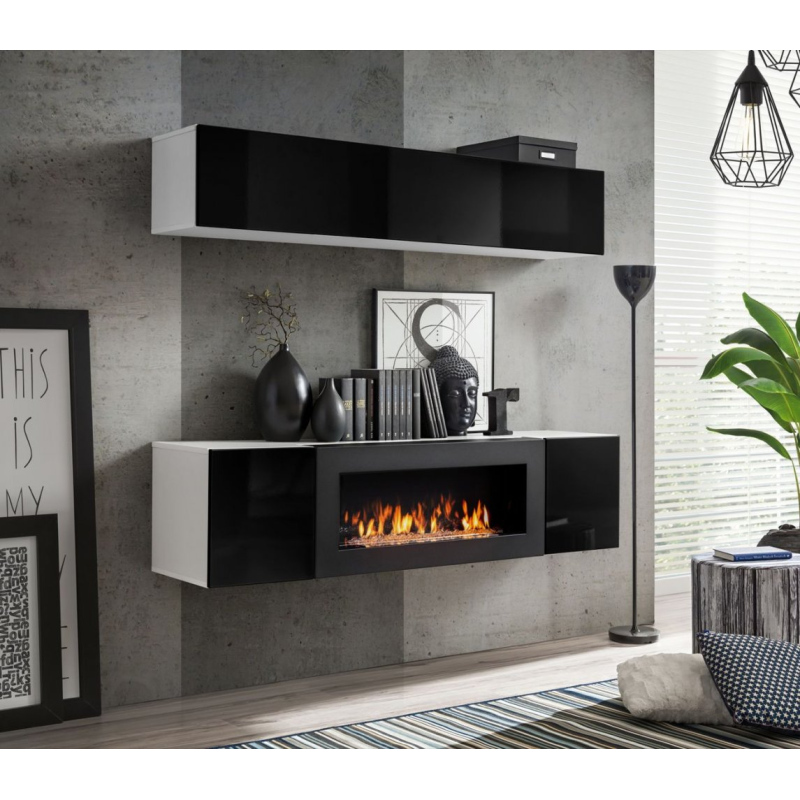 VÝPRODEJ - Obývací stěna s biokrbem FREYA 4 - bílá / černý lesk