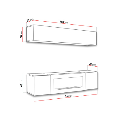 VÝPRODEJ - Obývací stěna s biokrbem FREYA 4 - bílá / černý lesk