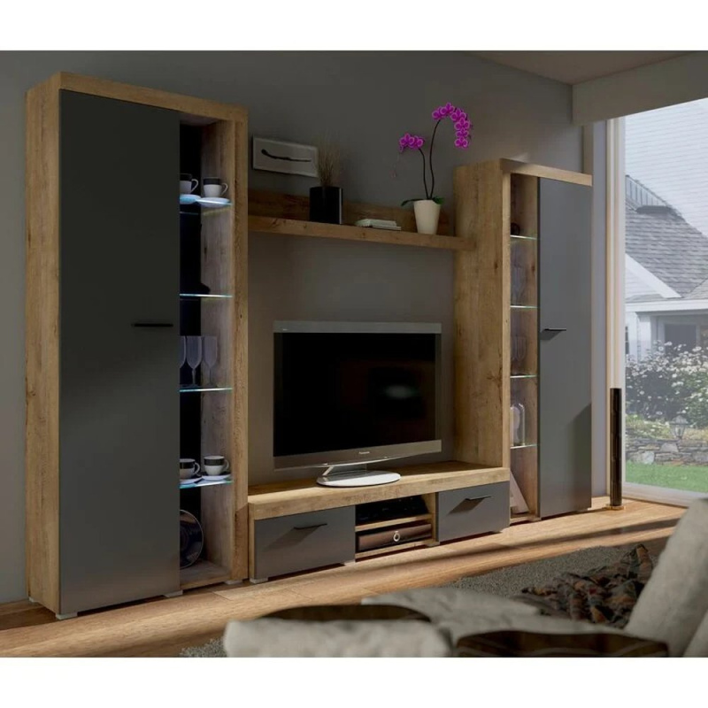 VÝPRODEJ - Obývací stěna s osvětlením PUMBA XL 2 - dub lefkas / grafit