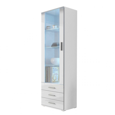 VÝPRODEJ - Prosklená skříň s LED bílým osvětlením KARA - bílá / lesklá bílá