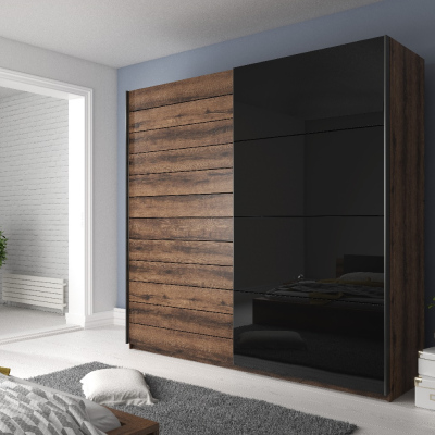 VÝPRODEJ - Skříň SÁRA s černým sklem 200 cm, dub Monastery