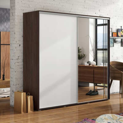 VÝPRODEJ - Prostorná šatní skříň se zrcadlem 175/245 HUGO - čokoláda / bílá