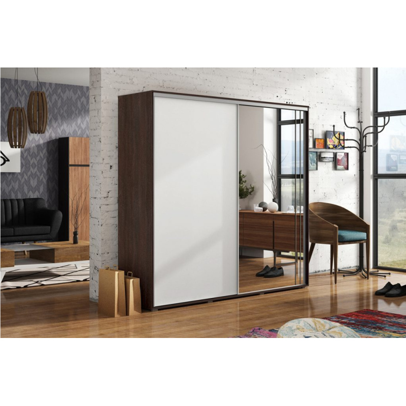 VÝPRODEJ - Prostorná šatní skříň se zrcadlem 175/245 HUGO - čokoláda / bílá