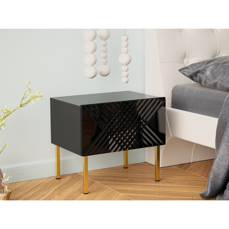 VÝPRODEJ - Noční stolek HUNE - černý / lesklý černý