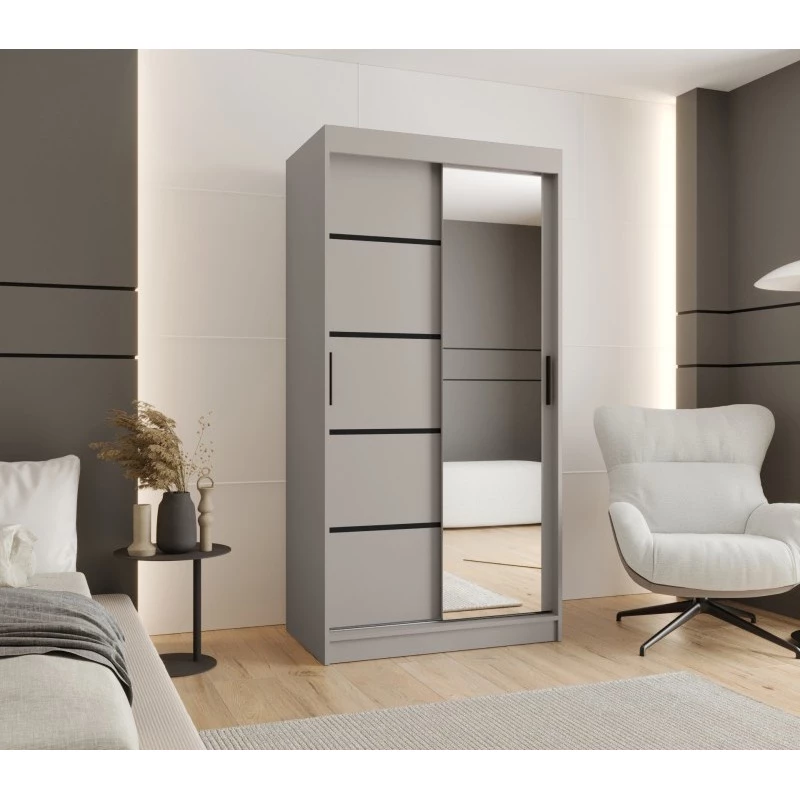 Úzká šatní skříň 100 cm CASANDRA se zrcadlem - kašmír / černá