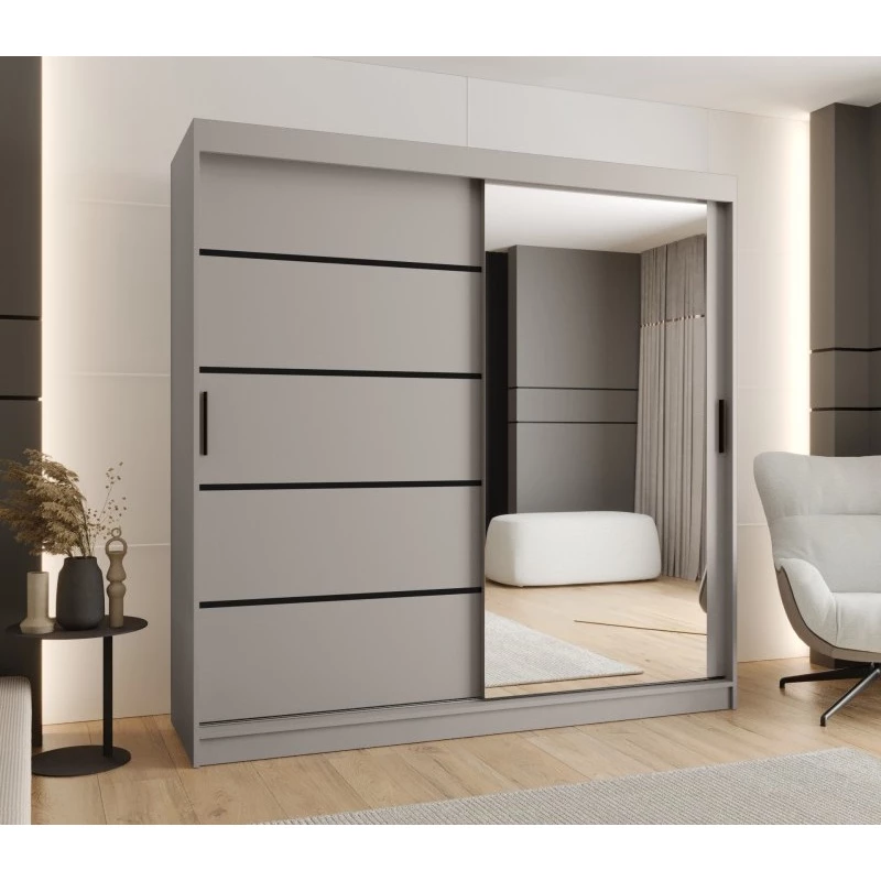 Široká šatní skříň 200 cm CASANDRA se zrcadlem - kašmír / černá