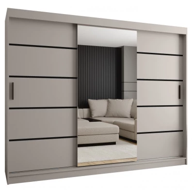 Široká šatní skříň 250 cm CASANDRA se zrcadlem - kašmír / černá