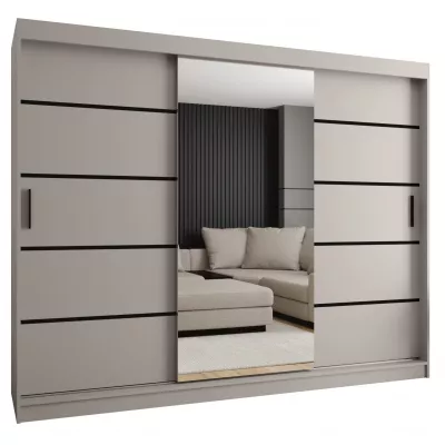 Široká šatní skříň 250 cm CASANDRA se zrcadlem - kašmír / černá