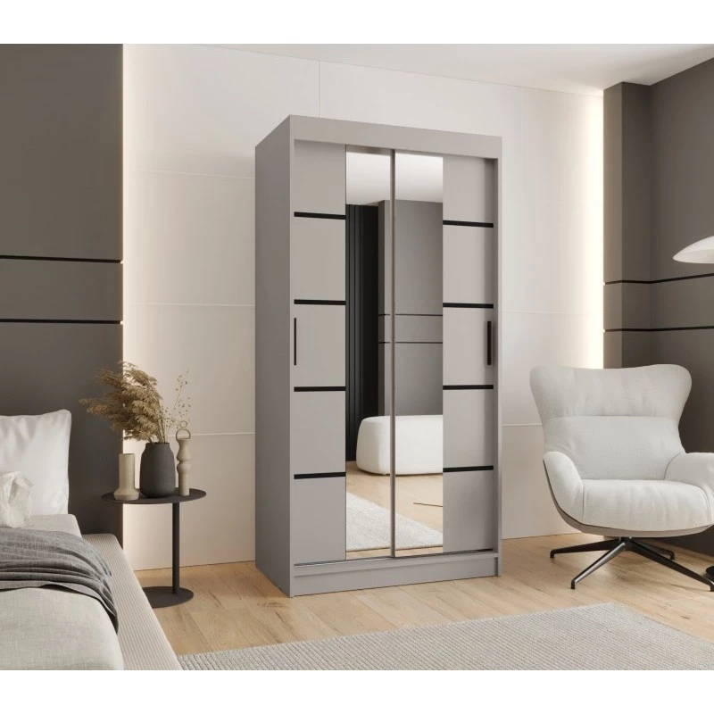 Úzká šatní skříň s posuvnými dveřmi 100 cm CASANDRA - kašmír / černá