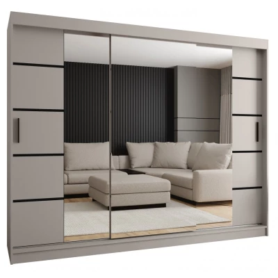 Široká šatní skříň s posuvnými dveřmi 250 cm CASANDRA - kašmír / černá