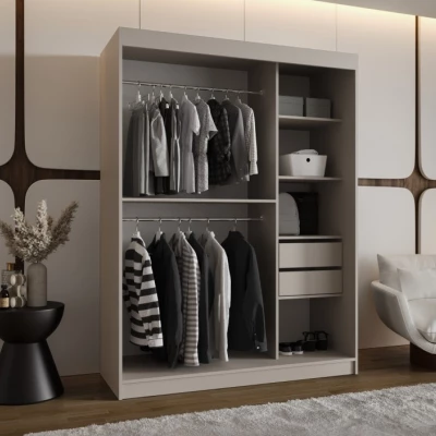Šatní skříň 150 cm CASANDRA s posuvnými dveřmi - kašmír / černá