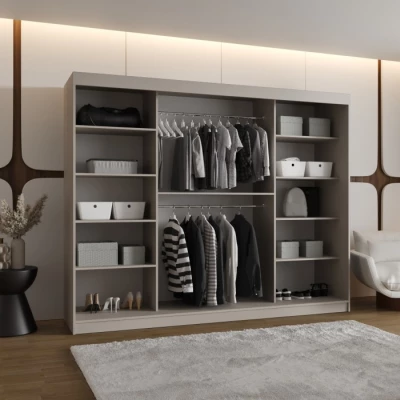 Šatní skříň 250 cm CASANDRA s posuvnými dveřmi - kašmír / černá