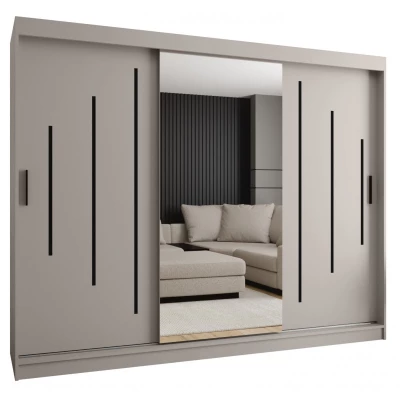 Šatní skříň 250 cm CASANDRA se zrcadlem - kašmír / černá