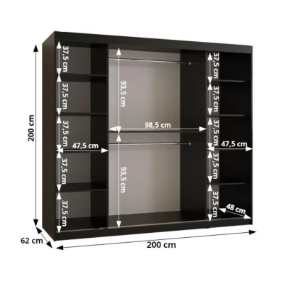 Zrcadlová šatní skříň 200 cm CASANDRA - kašmír / černá
