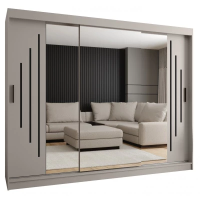 Zrcadlová šatní skříň 250 cm CASANDRA - kašmír / černá