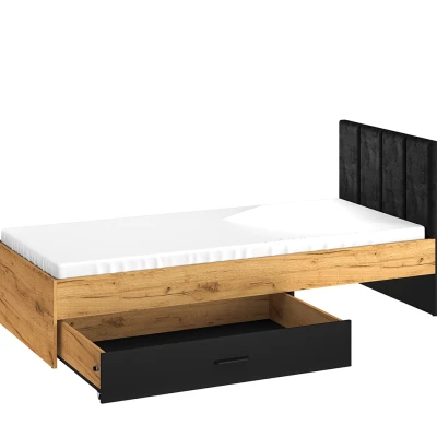 VÝPRODEJ - Jednolůžková postel 90x200 SABEL s úložným prostorem - černá / dub craft zlatý