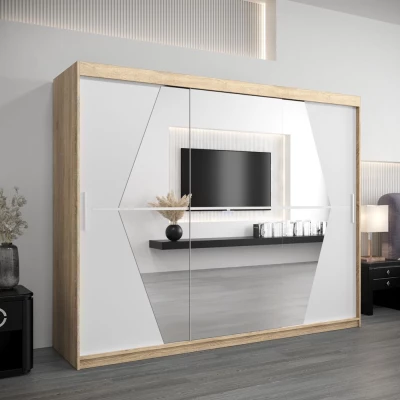 VÝPRODEJ - Šatní skříň SAMANTA - šířka 250 cm, dub sonoma / bílá