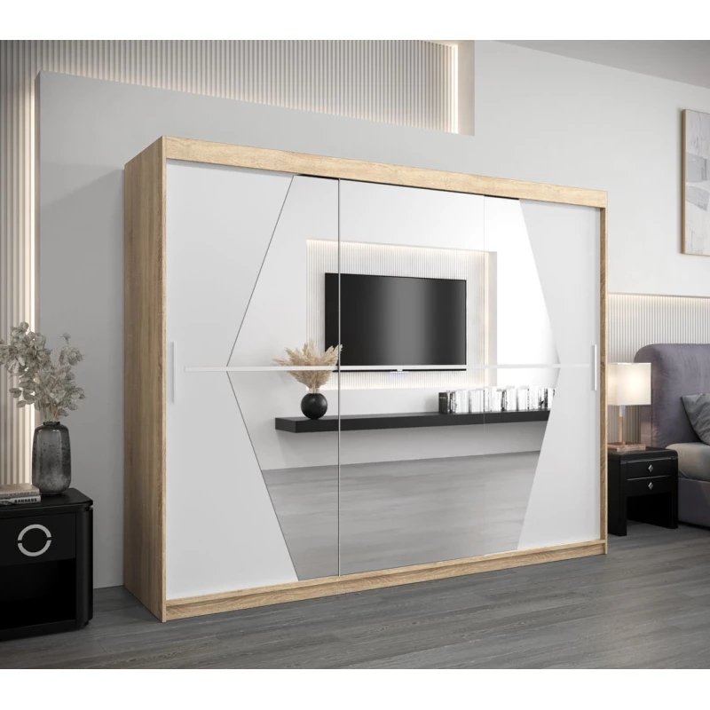 VÝPRODEJ - Šatní skříň SAMANTA - šířka 250 cm, dub sonoma / bílá