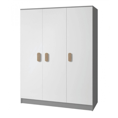 VÝPRODEJ - Třídveřová šedobílá šatní skříň do dětského pokoje SVEN 2, úchytky - šířka 120 cm, dub sonoma