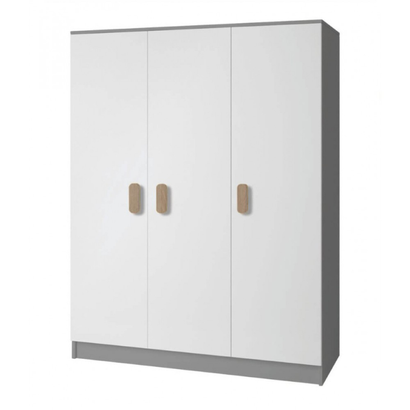VÝPRODEJ - Třídveřová šedobílá šatní skříň do dětského pokoje SVEN 2, úchytky - šířka 120 cm, dub sonoma