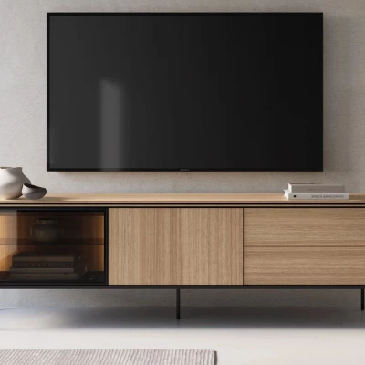 Prosklený široký TV stolek ANACORTES - dub + LED osvětlení ZDARMA